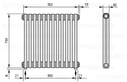 Схема (чертеж) Радиатор Zehnder Charleston 2075/12 №5310 Белый глянцевый RAL 9016
